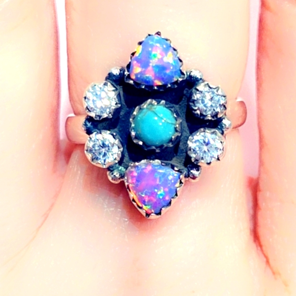 Opal, Turquoise & CZs Sterling Gemstone Ring